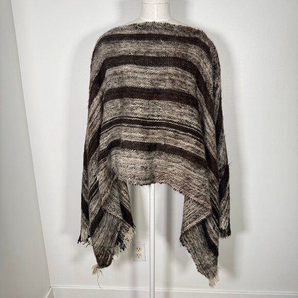 Mountain Folk 100% Alpaca Striped Poncho Brown Boho  Bolivian - Picture 1 of 9